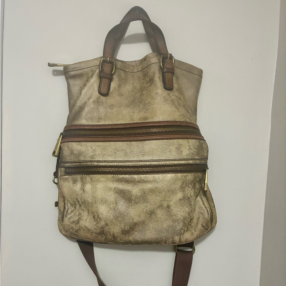 Versatile Metallic Gold Leather Tote Backpack & Wallet